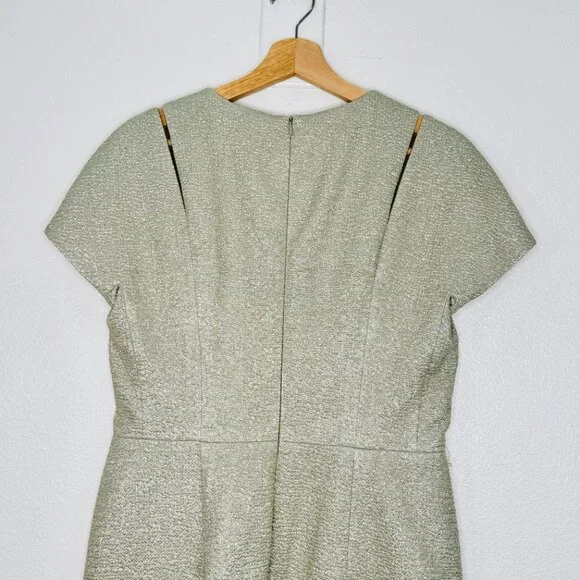 ESCADA Jacquard Metallic Sheath Dress Light Sand Shoulder Details SZ 40 /US 10 - Picture 7 of 14